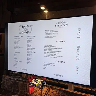 a menu displayed on a large screen