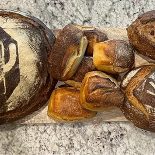 Today's haul. Locovore, bigoted rolls, pan de kino, and walnut.