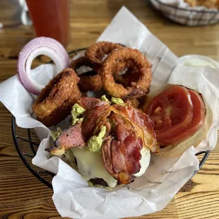 California burger with onion rings (over cooked but new order was on the way)