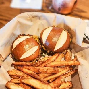 Barrio bacon jam sliders with beer battered fries