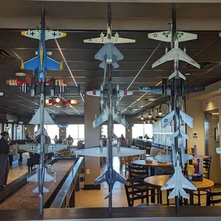 Model airplanes from the old restaurant now on display near the front door.