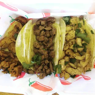 1 al pastor, 1 carne asada, 1 grilled chicken taco