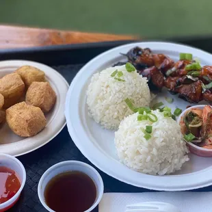 Lunch!!! Yummmm... Pork &amp; Chicken Skewers with a side of fried tofu.