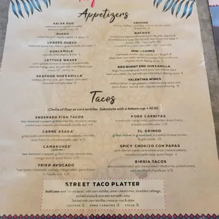 Appetizers and taco side of the menu (7/2023)
