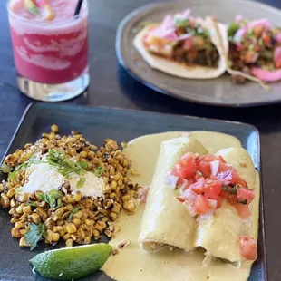 Roasted Chicken with Poblano Cream &amp; Smoked Tomato Pico and Pork Cheek Carnitas Taco