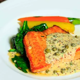 Pink Trout with a creamy mustard lemon caper sauce