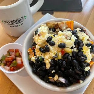 Scrambled egg, bean, grain bowl