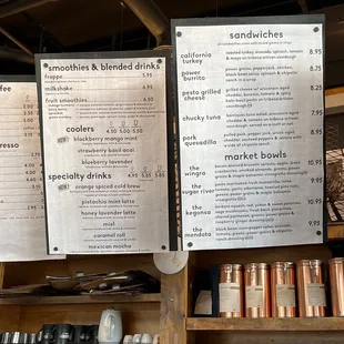 Specialty drinks and sandwiches menu