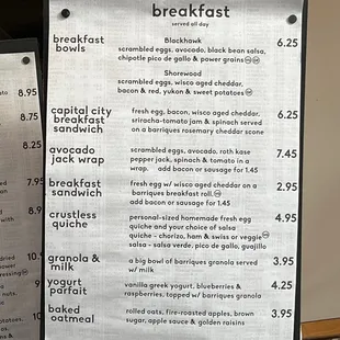 Breakfast menu