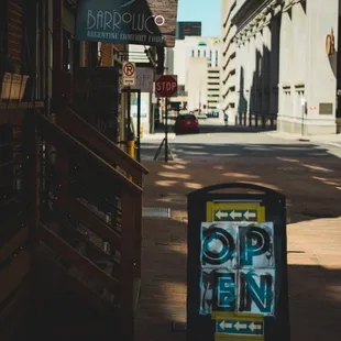 a sign on a sidewalk in a city