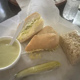 Cream of Asparagus soup, egg salad on Cuban bread, side pickle and rice Krispy treat