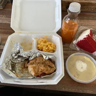 Baked Chicken Lunch Combo with velveeta macaroni, butter beans (not pictured), Sweet Fruit Tea, Red Velvet Cake, and Banana Pudding