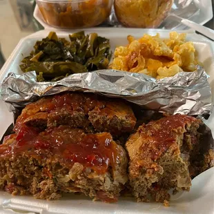 Meatloaf, Mac-n-cheese, collard greens, candid yams