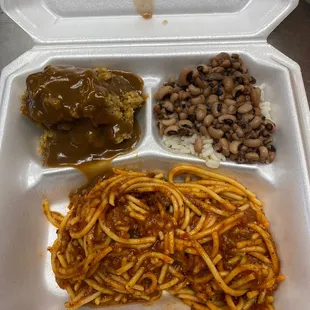 Spaghetti Dressing  Black Eyed Peas Rice and Gravy