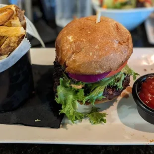 Classic burger with the saltiest fries I&apos;ve ever had:(