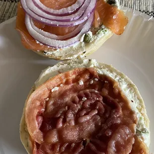 Lox, veggie cream cheese , bacon, red onion, capers! Delicious!