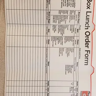Box lunch order form