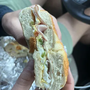 Farmhouse with ham and muster cheese on a Asiago bagel