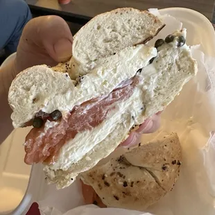 Lox and cream cheese on everything bagel