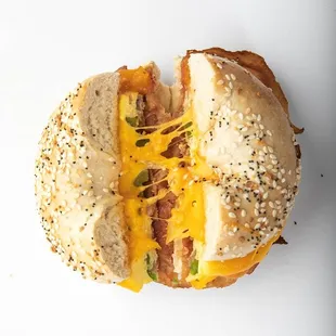 Eggel with meat and cheese on an Everything Bagel