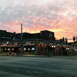 a street corner at sunset