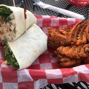Chicken salad wrap &amp; sweet potato fries.