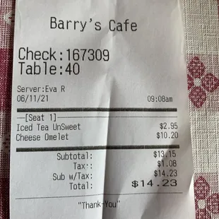 the receipt for the restaurant