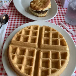 Waffle and sausage biscuit.