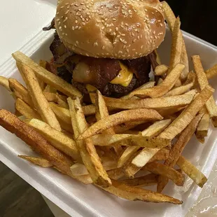 Bacon cheeseburger with french fries