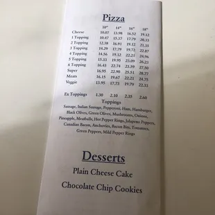 a menu for desserts