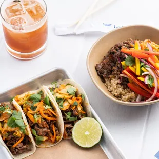 sesame ribeye tacos --sweet sesame-soy glaze marinade w/ spicy kimchi