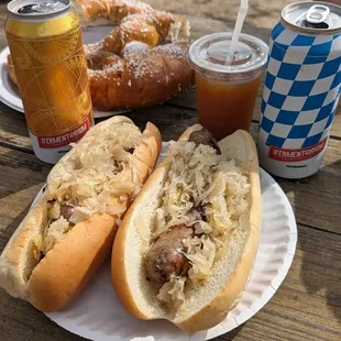 Brat, apple brat, Milwaukee Pretzel Company pretzel.  Local beers from The Fermentorium