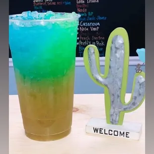 a blue and green drink and a cactus