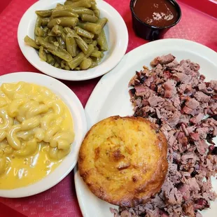 Delicious BBQ sauce and tasty brisket, with spicy corn bread and two 'okay' sides.