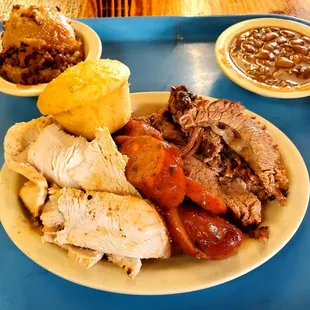 Cajun Turkey, jalapeño cheese sausage and sliced brisket