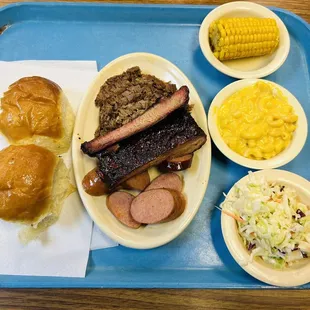 3 Meat Plate with 3 sides (corn, mac and cheese, coleslaw)