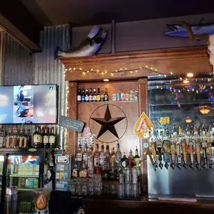 a bar with a cow skull on the wall