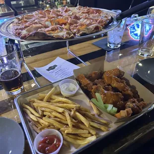 Meat lovers pie, buffalo wings