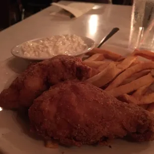 Two piece dark dinner with fries and cottage cheese