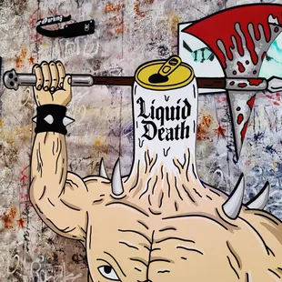 a painting of a man holding a beer can