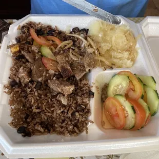 Cuban Bistec with yuca con mojo and Cuban rice