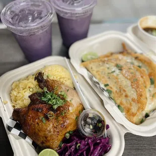 chicken inasal  quesabirria combo ube black sesame horchata (vegan)