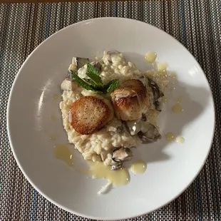 Scallops over mushroom risotto