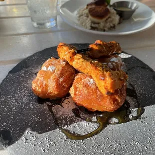 Chicken &amp; Beignets - hot honey chicken skewer, powdered beignets