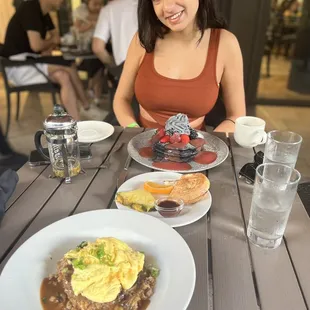 Charcoal pancakes and loco moco