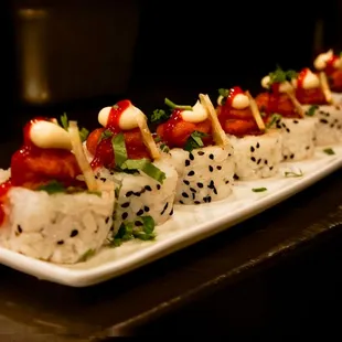 a long rectangular platter of sushi