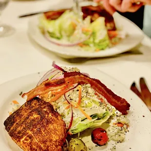 Two Wedge Salads add Blackened Salmon. Both our Fave. OuiOui Winners Circle :)...