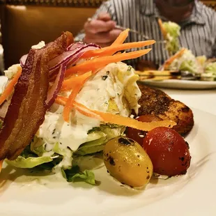 2 Wedge salads/add Blackened salmon Creamy gorgonzola crispy bacon purple onion blistered tomatoes raw carrot Amazeballs OuiOui :)...