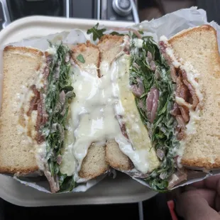 breakfast sando on milk bread, added bacon