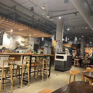 a bar with stools and tables